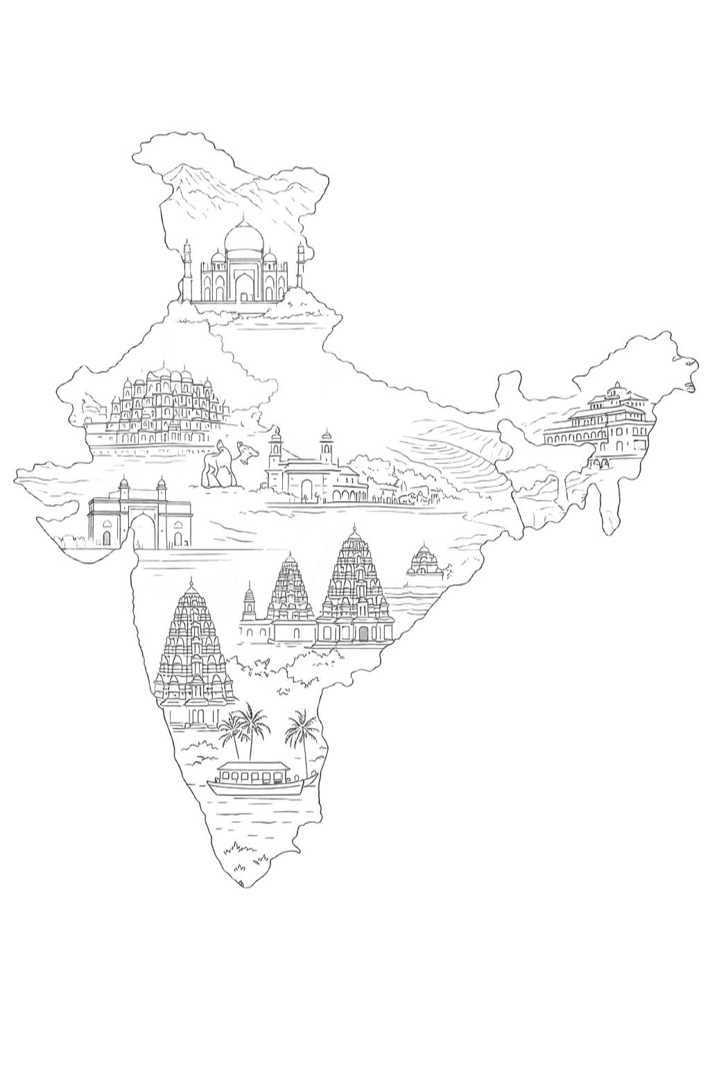 Map of India with iconic landmarks in grayscale